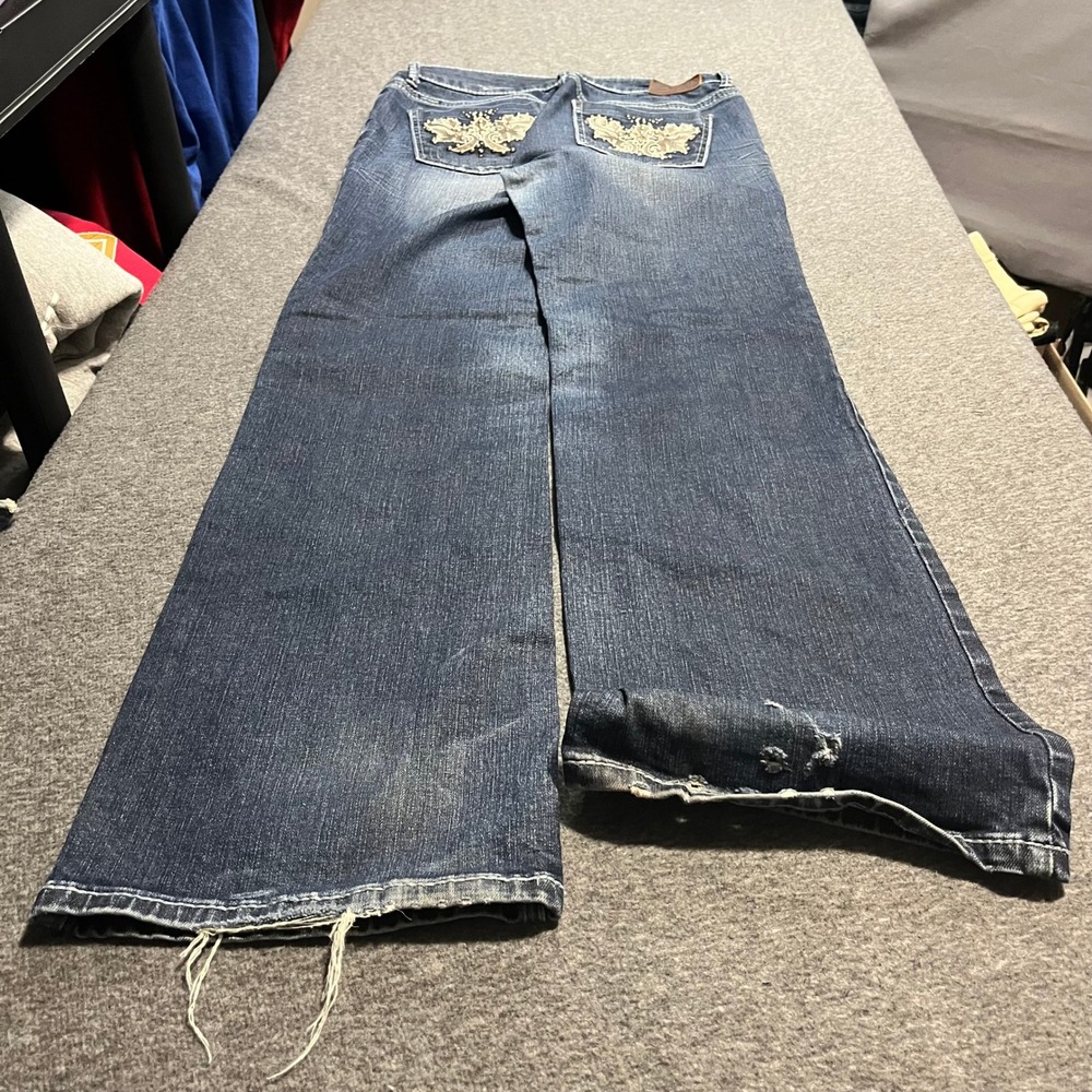 Adiktd Womens Wide Leg Flare Jeans Dark Wash Embroidered Studded 10/31 ADJ1